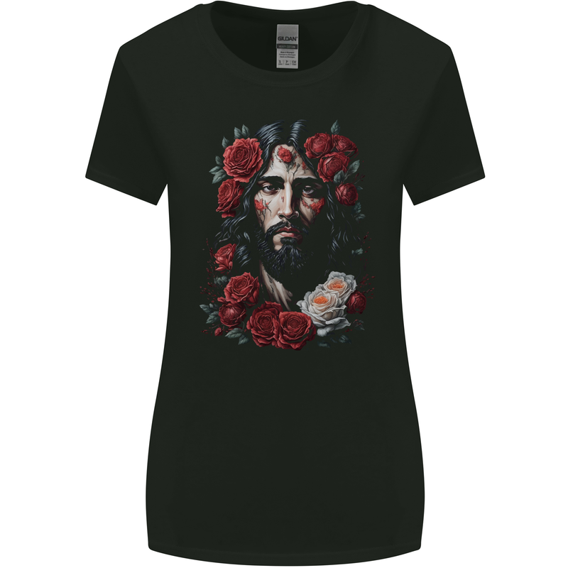 Jesus Christ With Roses Womens Wider Cut T-Shirt Black