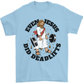 Jesus Deadlift Funny Gym Training Bodybuilding Mens T-Shirt 100% Cotton Light Blue