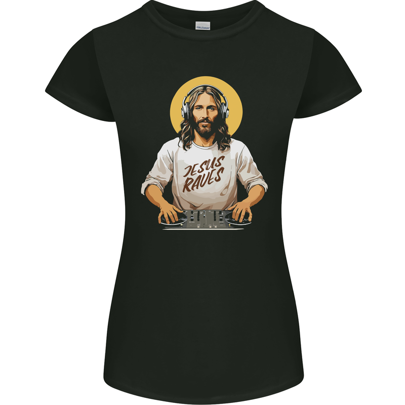 Jesus Raves Funny DJ Music Decks Christian Womens Petite Cut T-Shirt Black