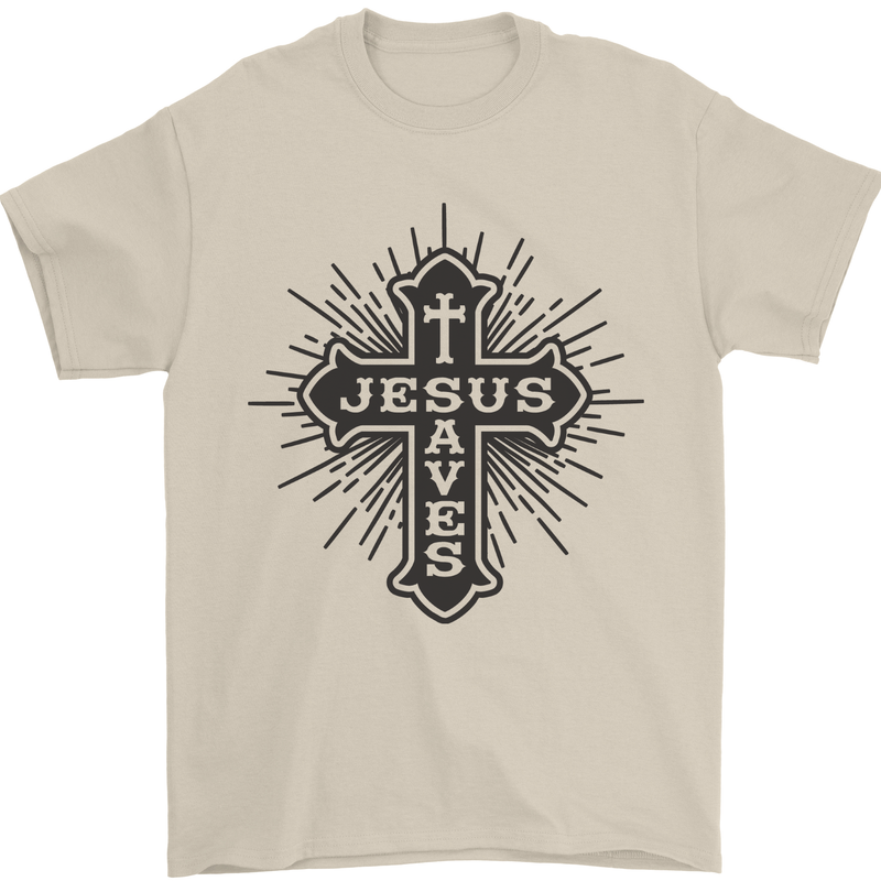 Jesus Saves Cross Christian Christianity Mens T-Shirt 100% Cotton Sand