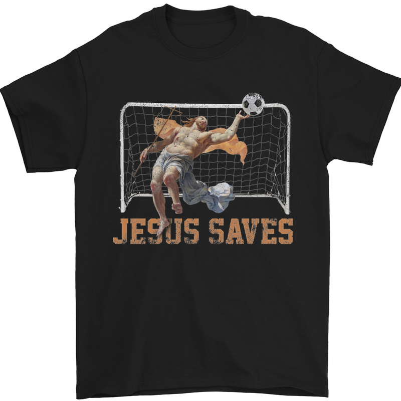 a black jesus saves t - shirt with a soccer goal