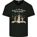Jesus is the Reason Christmas Dogs Xmas Christian Mens V-Neck Cotton T-Shirt Black
