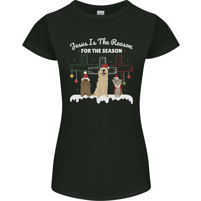 Jesus is the Reason Christmas Dogs Xmas Christian Womens Petite Cut T-Shirt Black
