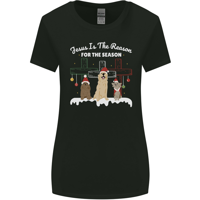 Jesus is the Reason Christmas Dogs Xmas Christian Womens Wider Cut T-Shirt Black