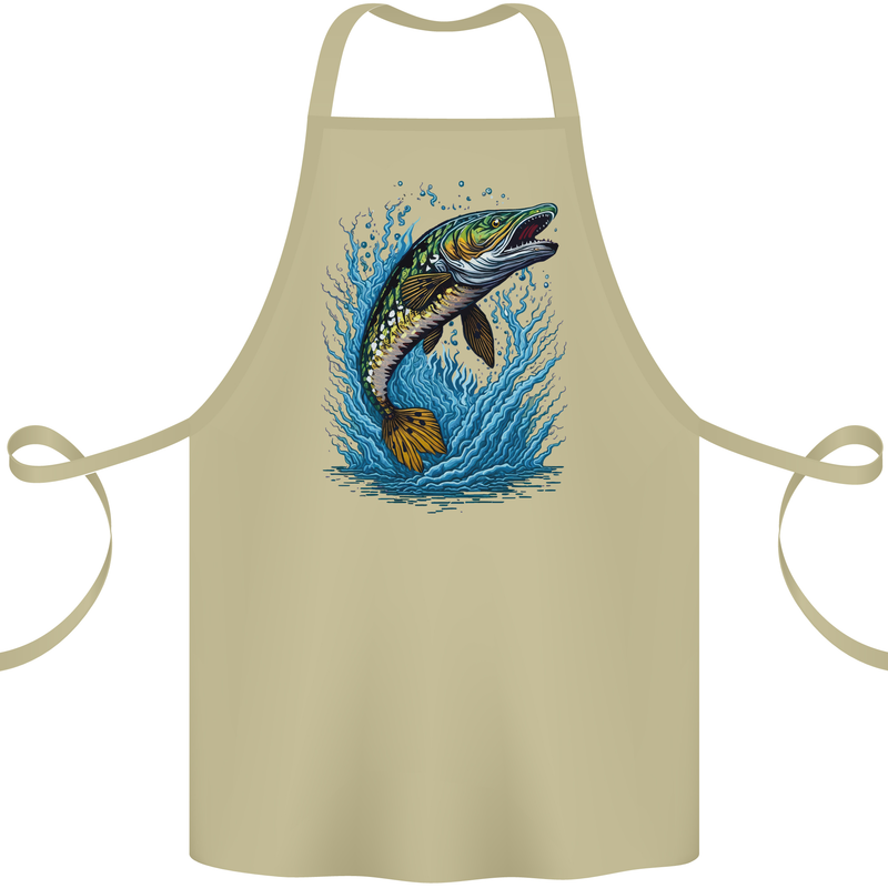 Jumping Pike Fish Fishing Fisherman Cotton Apron 100% Organic Khaki