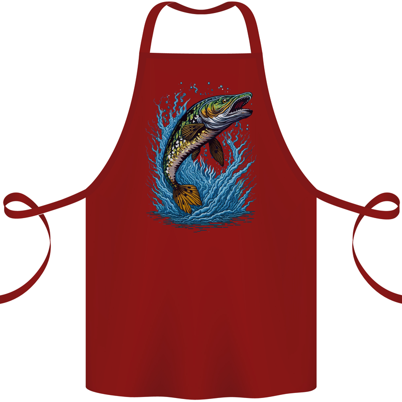Jumping Pike Fish Fishing Fisherman Cotton Apron 100% Organic Maroon