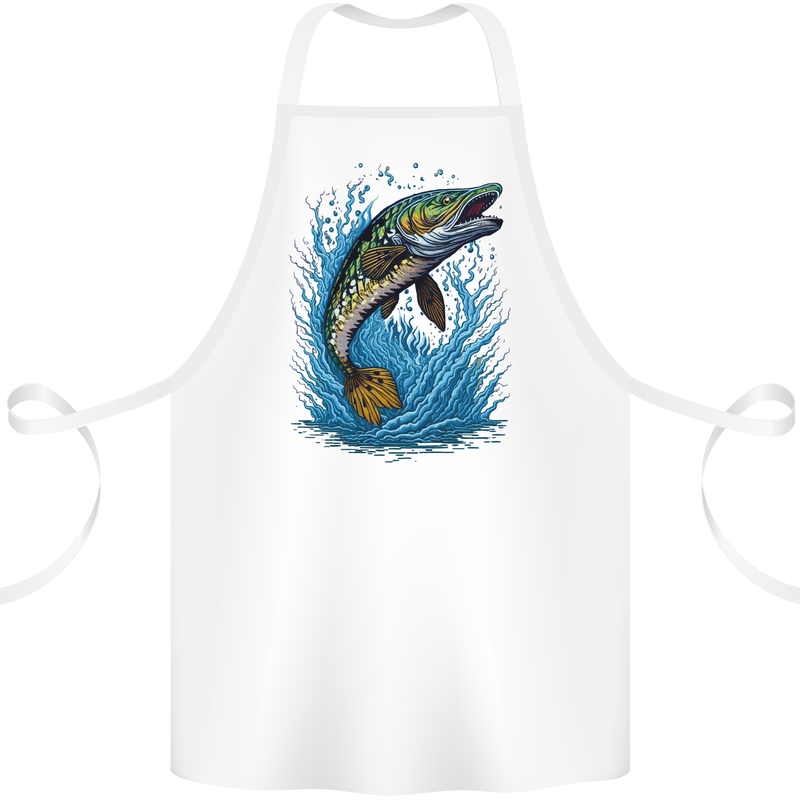 Jumping Pike Fish Fishing Fisherman Cotton Apron 100% Organic White