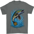 Jumping Pike Fish Fishing Fisherman Mens T-Shirt 100% Cotton Charcoal