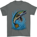 Jumping Pike Fish Fishing Fisherman Mens T-Shirt 100% Cotton Charcoal