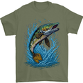 Jumping Pike Fish Fishing Fisherman Mens T-Shirt 100% Cotton Military Green