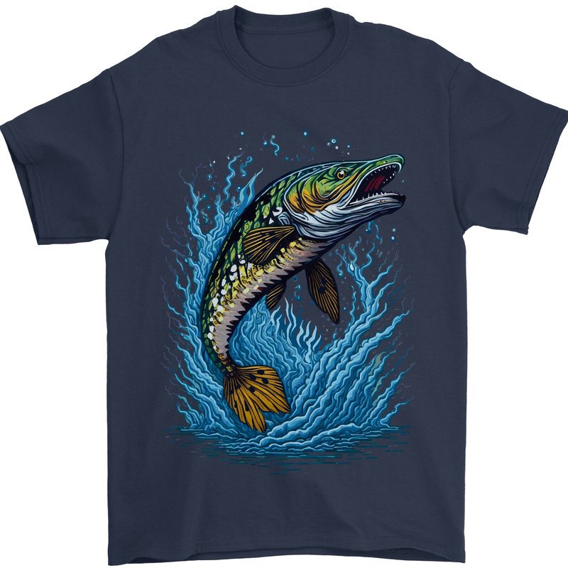 Jumping Pike Fish Fishing Fisherman Mens T-Shirt 100% Cotton Navy Blue
