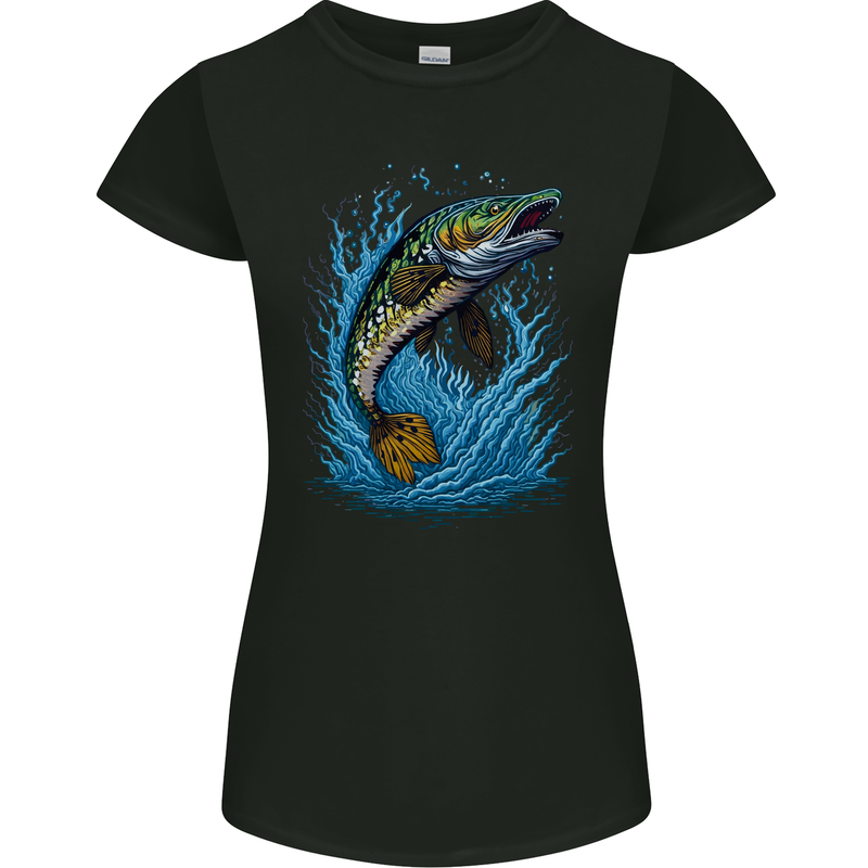 Jumping Pike Fish Fishing Fisherman Womens Petite Cut T-Shirt Black