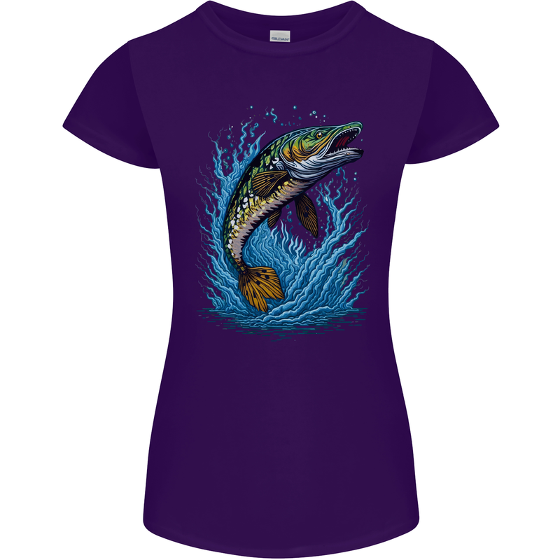 Jumping Pike Fish Fishing Fisherman Womens Petite Cut T-Shirt Purple
