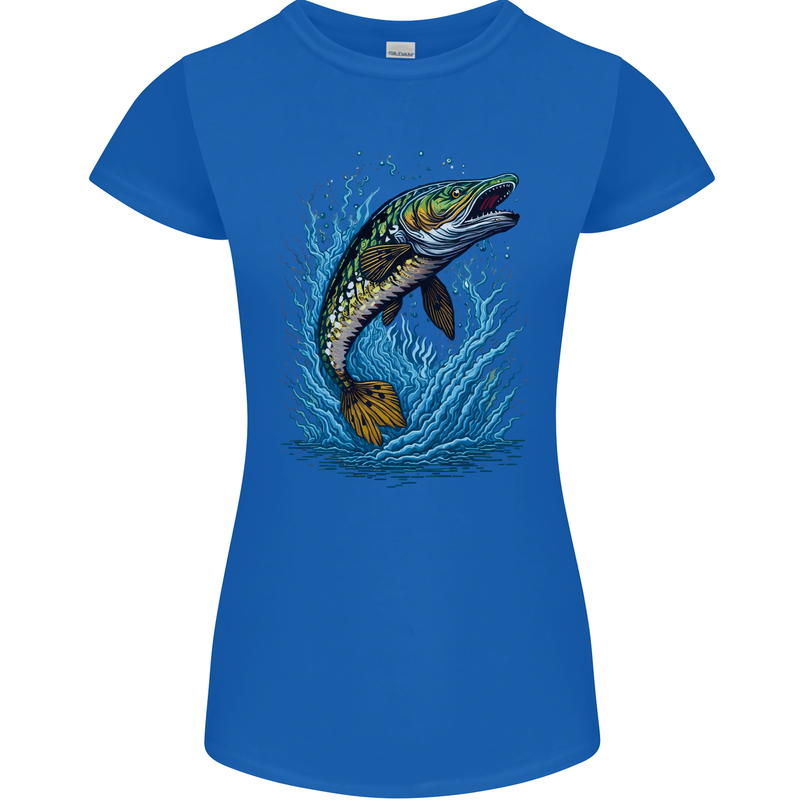 Jumping Pike Fish Fishing Fisherman Womens Petite Cut T-Shirt Royal Blue