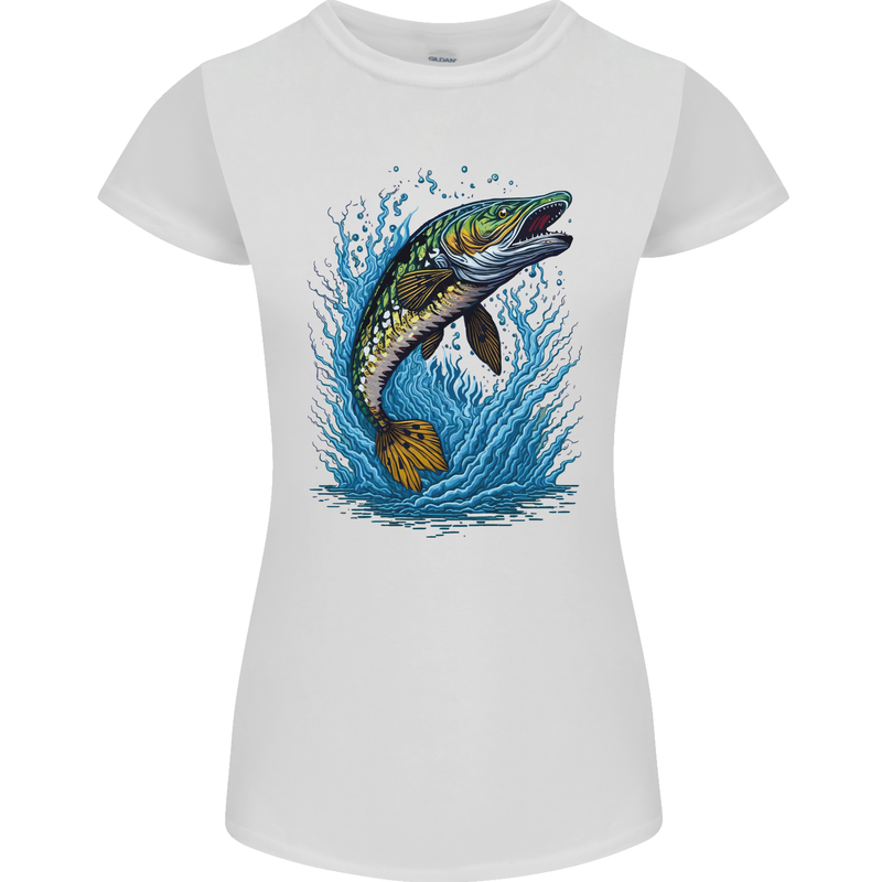 Jumping Pike Fish Fishing Fisherman Womens Petite Cut T-Shirt White
