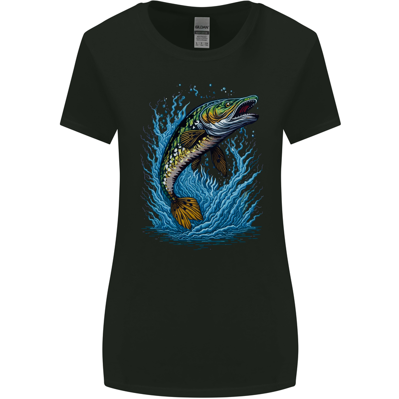 Jumping Pike Fish Fishing Fisherman Womens Wider Cut T-Shirt Black