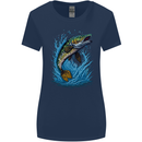 Jumping Pike Fish Fishing Fisherman Womens Wider Cut T-Shirt Navy Blue