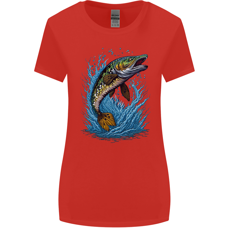 Jumping Pike Fish Fishing Fisherman Womens Wider Cut T-Shirt Red