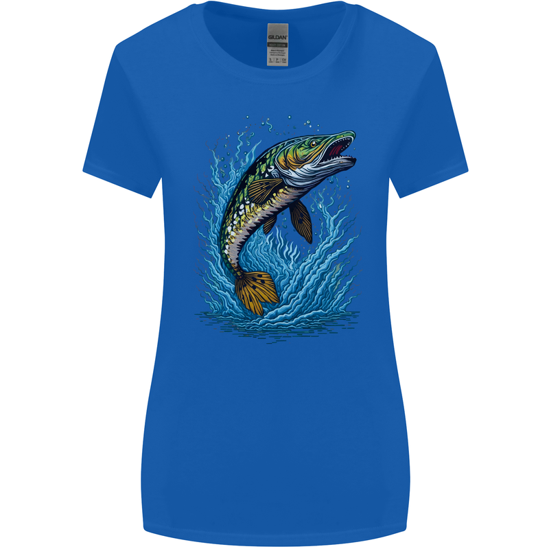 Jumping Pike Fish Fishing Fisherman Womens Wider Cut T-Shirt Royal Blue