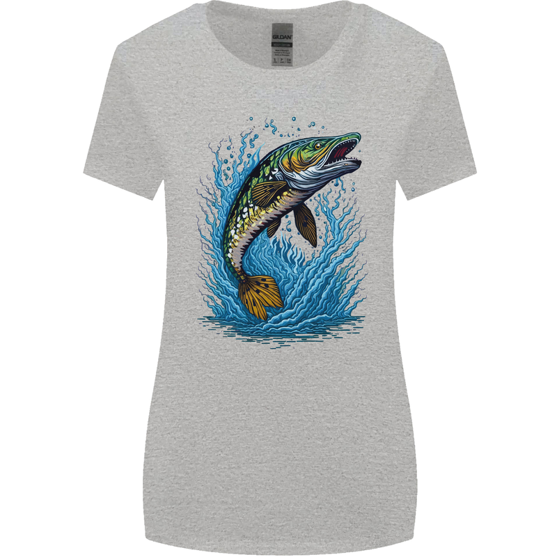 Jumping Pike Fish Fishing Fisherman Womens Wider Cut T-Shirt Sports Grey