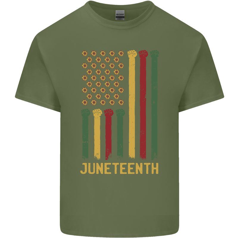 Juneteenth Black Lives Matter USA Flag Mens Cotton T-Shirt Tee Top Military Green