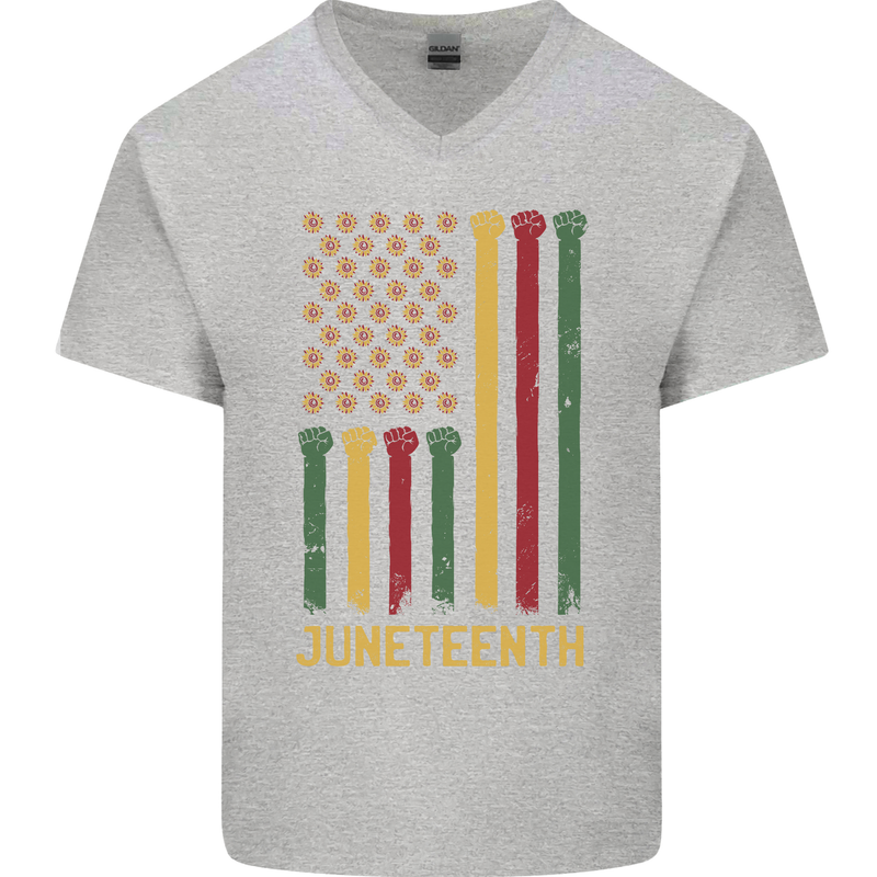 Juneteenth Black Lives Matter USA Flag Mens V-Neck Cotton T-Shirt Sports Grey