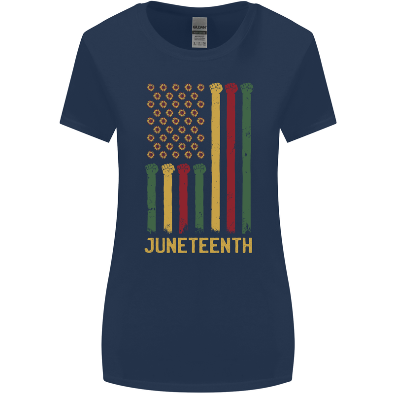 Juneteenth Emancipation Day USA Flag Womens Wider Cut T-Shirt Navy Blue