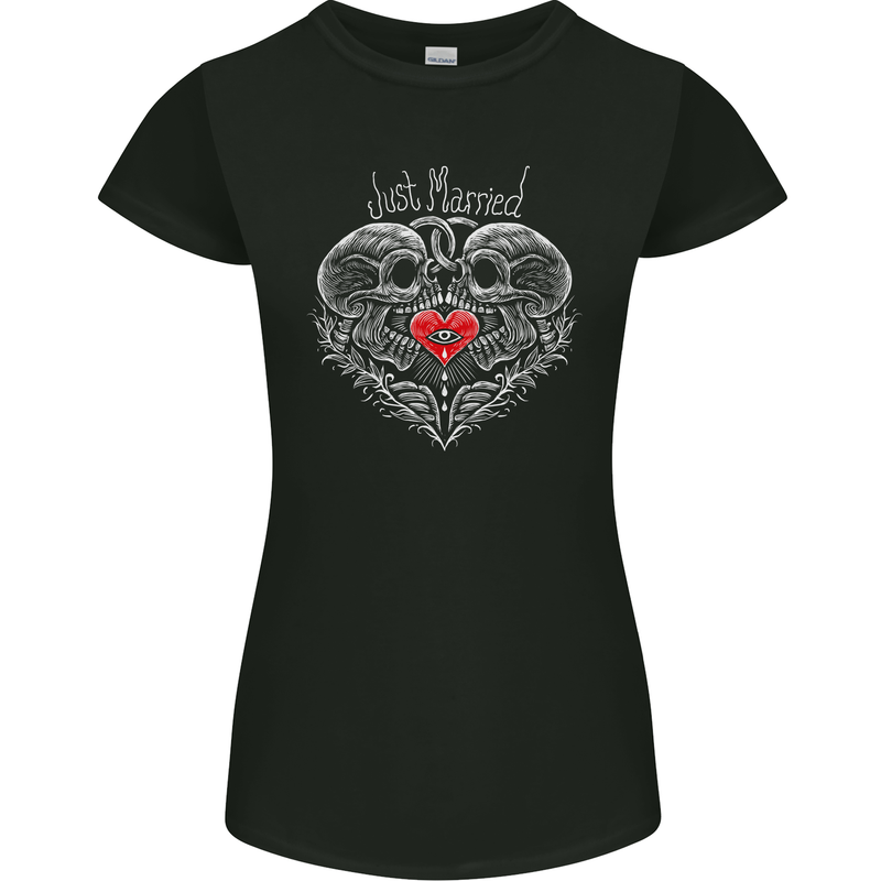 Just Married Skulls Gothic Marriage Goth Womens Petite Cut T-Shirt Black