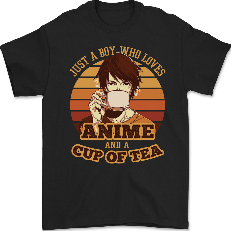 Just a Boy Who Loves Anime & a Cup of Tea Mens Gildan Cotton T-Shirt Black