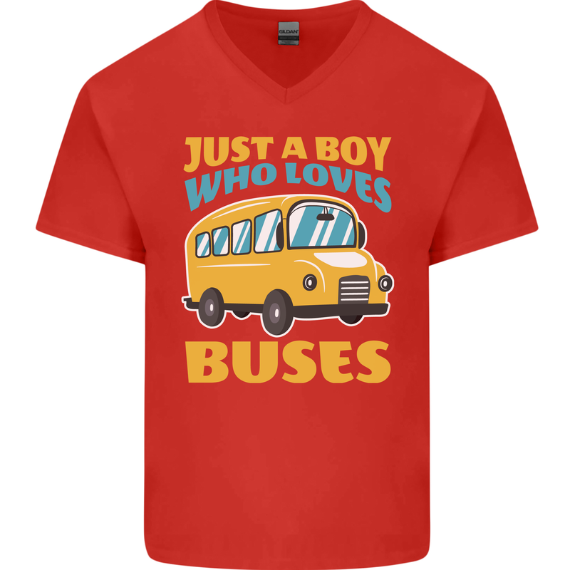Just a Boy Who Loves Buses Bus Mens V-Neck Cotton T-Shirt Red