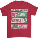 Just a Girl Who Loves Anime Cats & Ramen Mens T-Shirt 100% Cotton Red