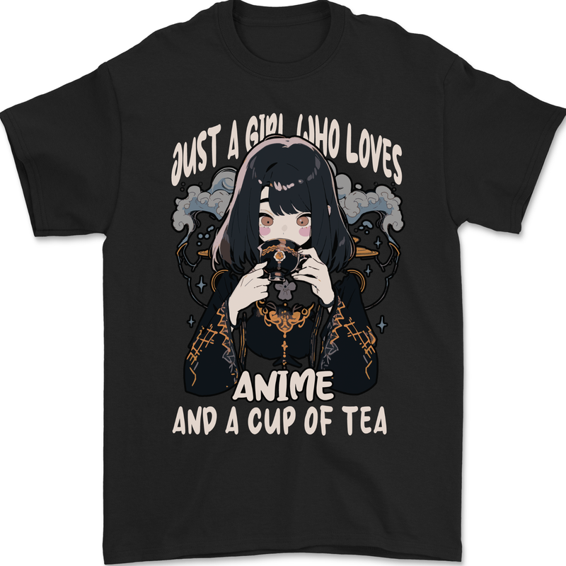 Just a Girl Who Loves Anime & a Cup of Tea Mens Gildan Cotton T-Shirt Black