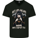 Just a Girl Who Loves Anime & a Cup of Tea Mens V-Neck Cotton T-Shirt Black