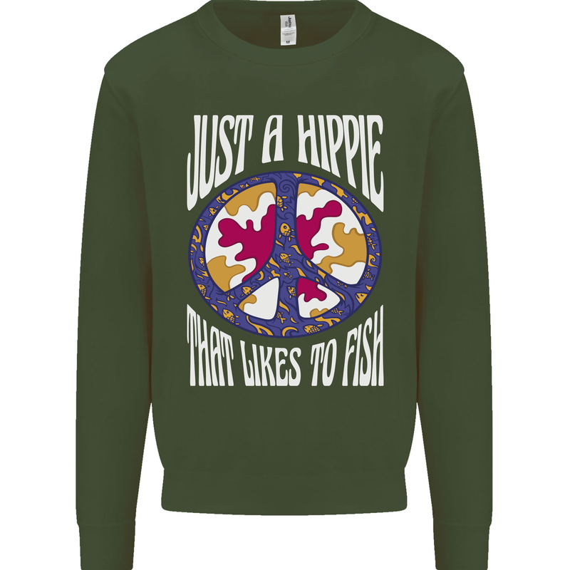 Just a Hippy That Likes to Fish Fishing Fisherman Kids Sweatshirt Jumper Forest Green