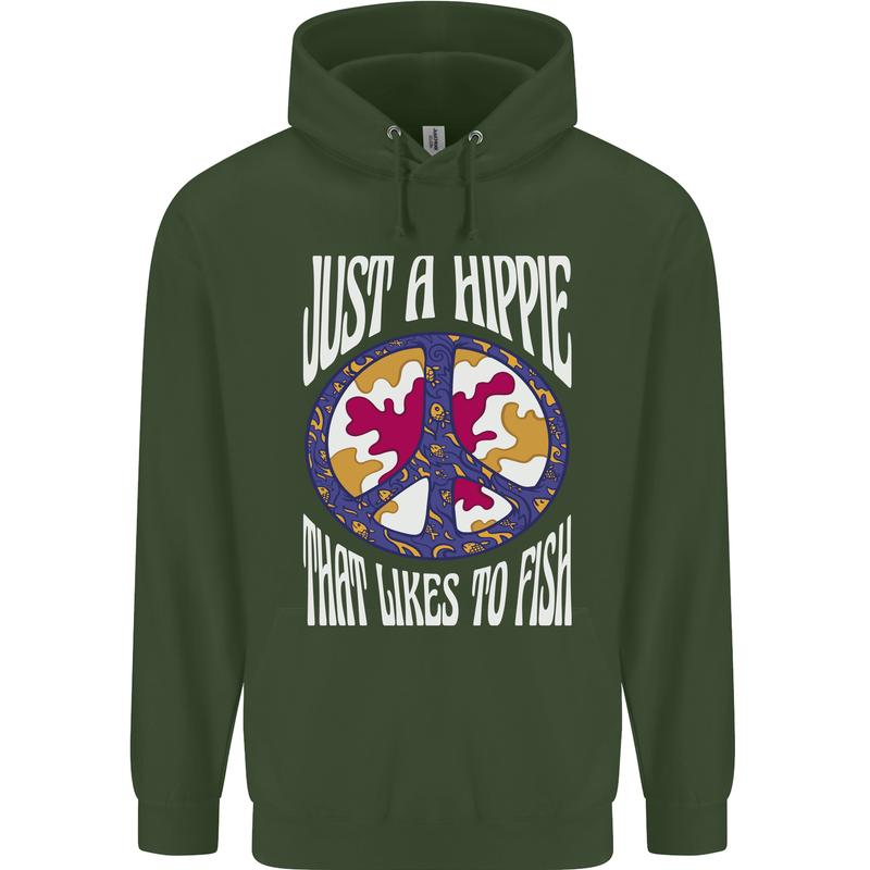 Just a Hippy That Likes to Fish Fishing Fisherman Mens 80% Cotton Hoodie Forest Green