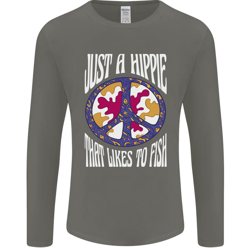 Just a Hippy That Likes to Fish Fishing Fisherman Mens Long Sleeve T-Shirt Charcoal
