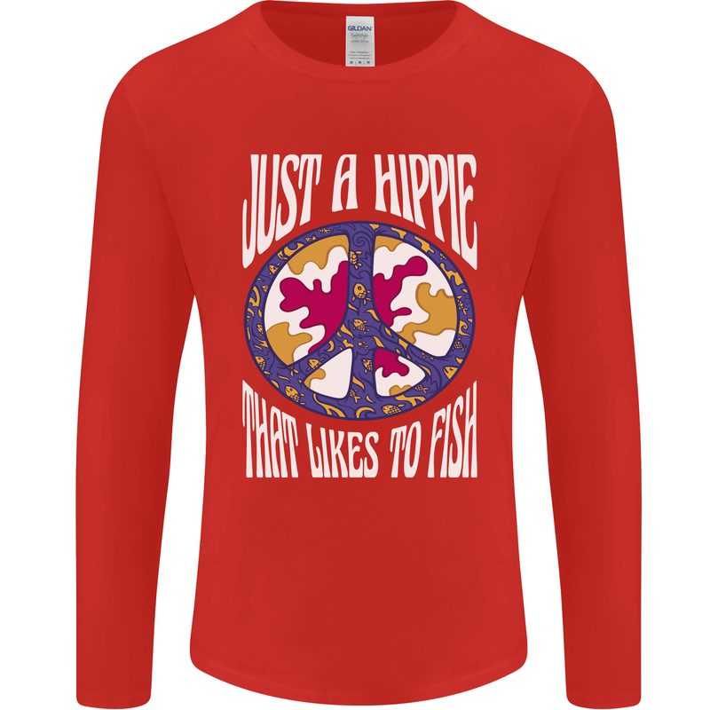 Just a Hippy That Likes to Fish Fishing Fisherman Mens Long Sleeve T-Shirt Red