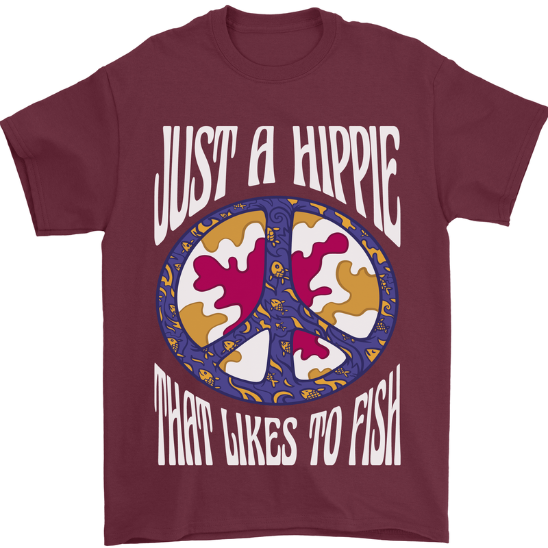 Just a Hippy That Likes to Fish Fishing Fisherman Mens T-Shirt 100% Cotton Maroon