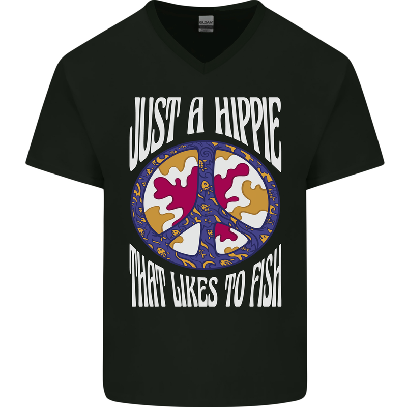 Just a Hippy That Likes to Fish Fishing Fisherman Mens V-Neck Cotton T-Shirt Black