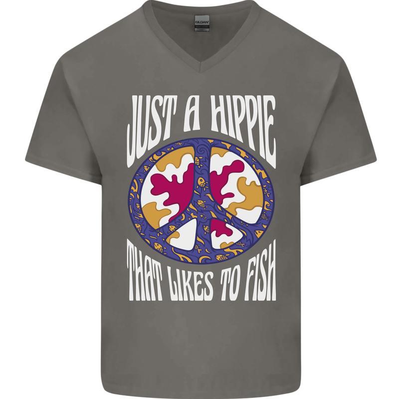 Just a Hippy That Likes to Fish Fishing Fisherman Mens V-Neck Cotton T-Shirt Charcoal