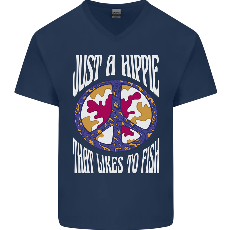 Just a Hippy That Likes to Fish Fishing Fisherman Mens V-Neck Cotton T-Shirt Navy Blue