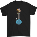 a black t - shirt with a blue vase filled with flowers