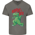 Karat-Rex Karate T-Rex Dinosaur Mens V-Neck Cotton T-Shirt Charcoal