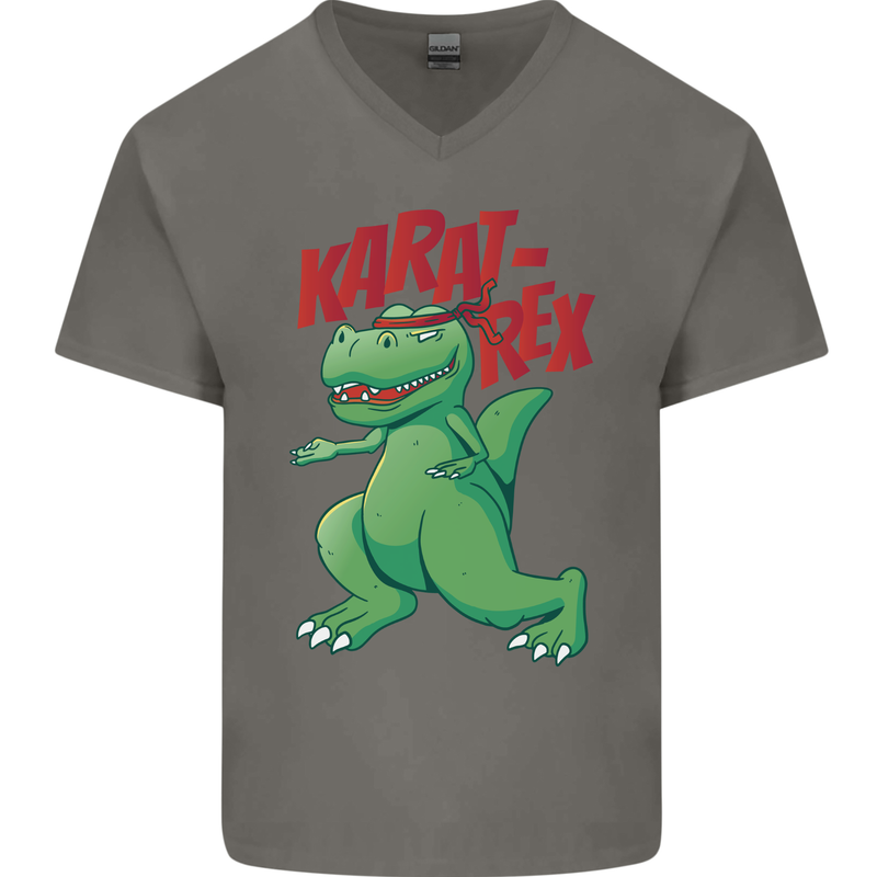 Karat-Rex Karate T-Rex Dinosaur Mens V-Neck Cotton T-Shirt Charcoal