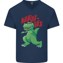 Karat-Rex Karate T-Rex Dinosaur Mens V-Neck Cotton T-Shirt Navy Blue
