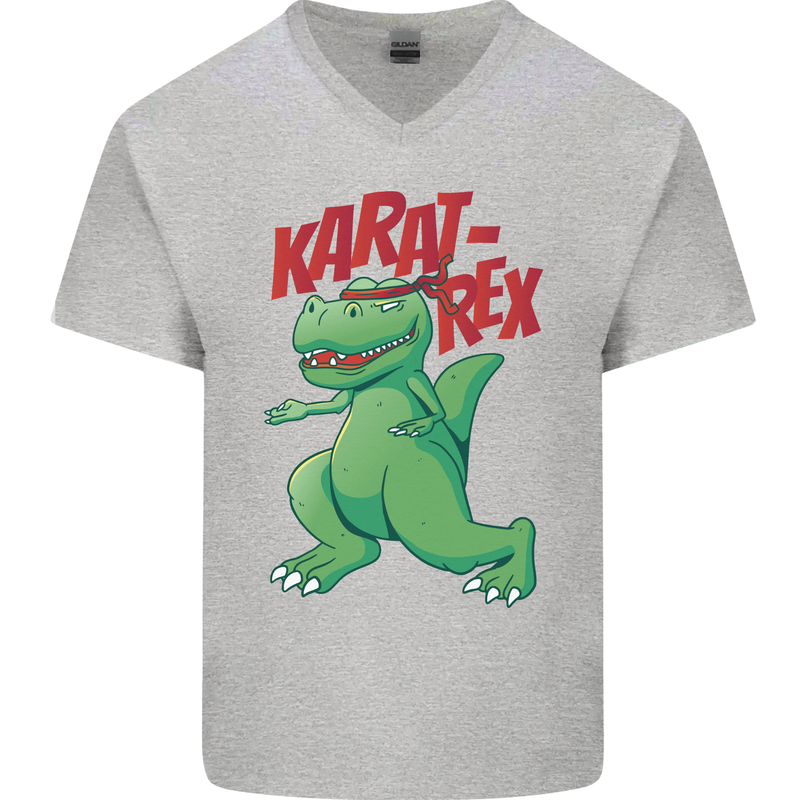 Karat-Rex Karate T-Rex Dinosaur Mens V-Neck Cotton T-Shirt Sports Grey