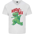 Karat-Rex Karate T-Rex Dinosaur Mens V-Neck Cotton T-Shirt White
