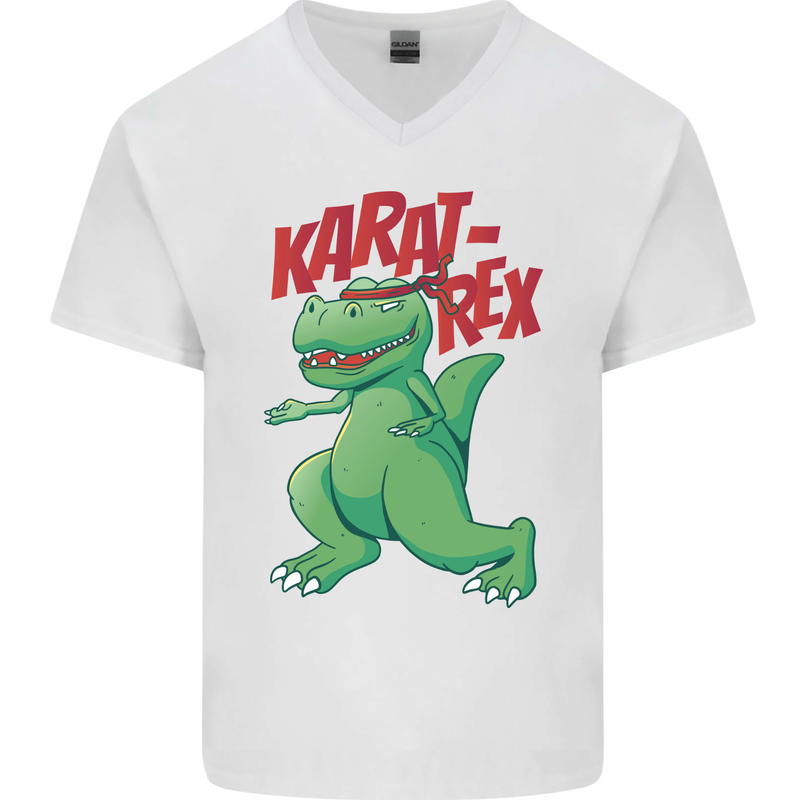 Karat-Rex Karate T-Rex Dinosaur Mens V-Neck Cotton T-Shirt White