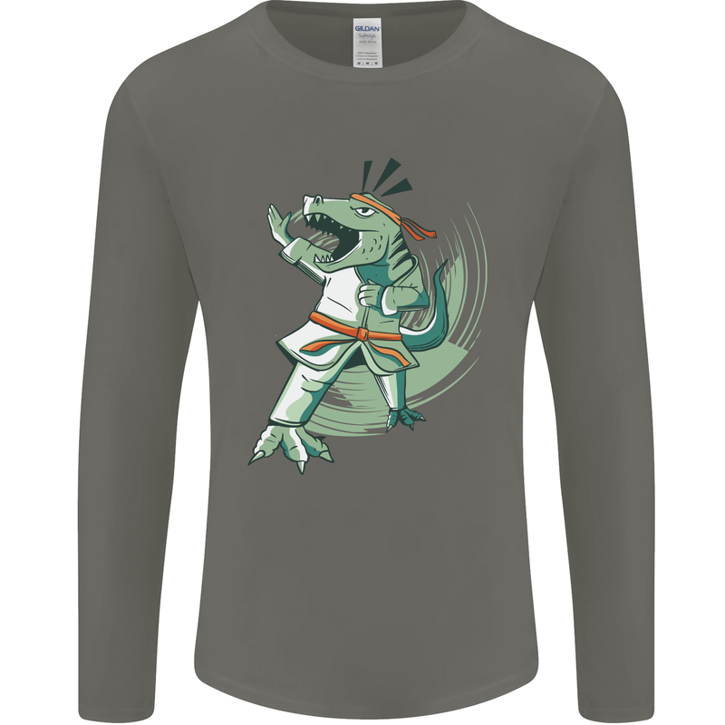 Karate T-Rex Dinosaur Mens Long Sleeve T-Shirt Charcoal