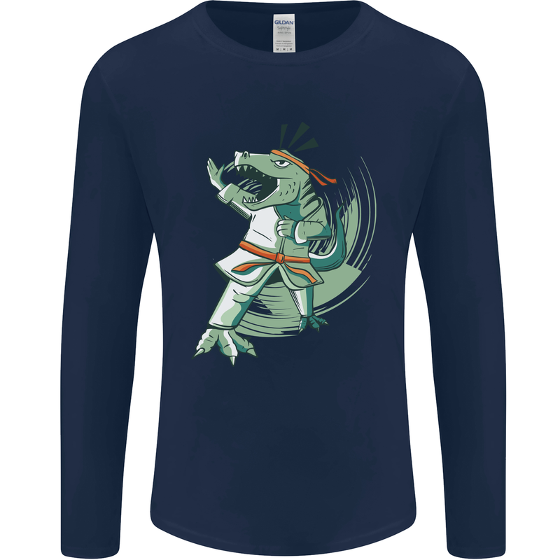 Karate T-Rex Dinosaur Mens Long Sleeve T-Shirt Navy Blue
